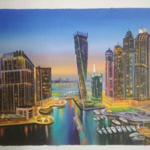 Dubai Marina Skyline at Night – Original Acrylic Painting on Canvas