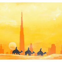 camel caravan with Burj Khalifa jpg